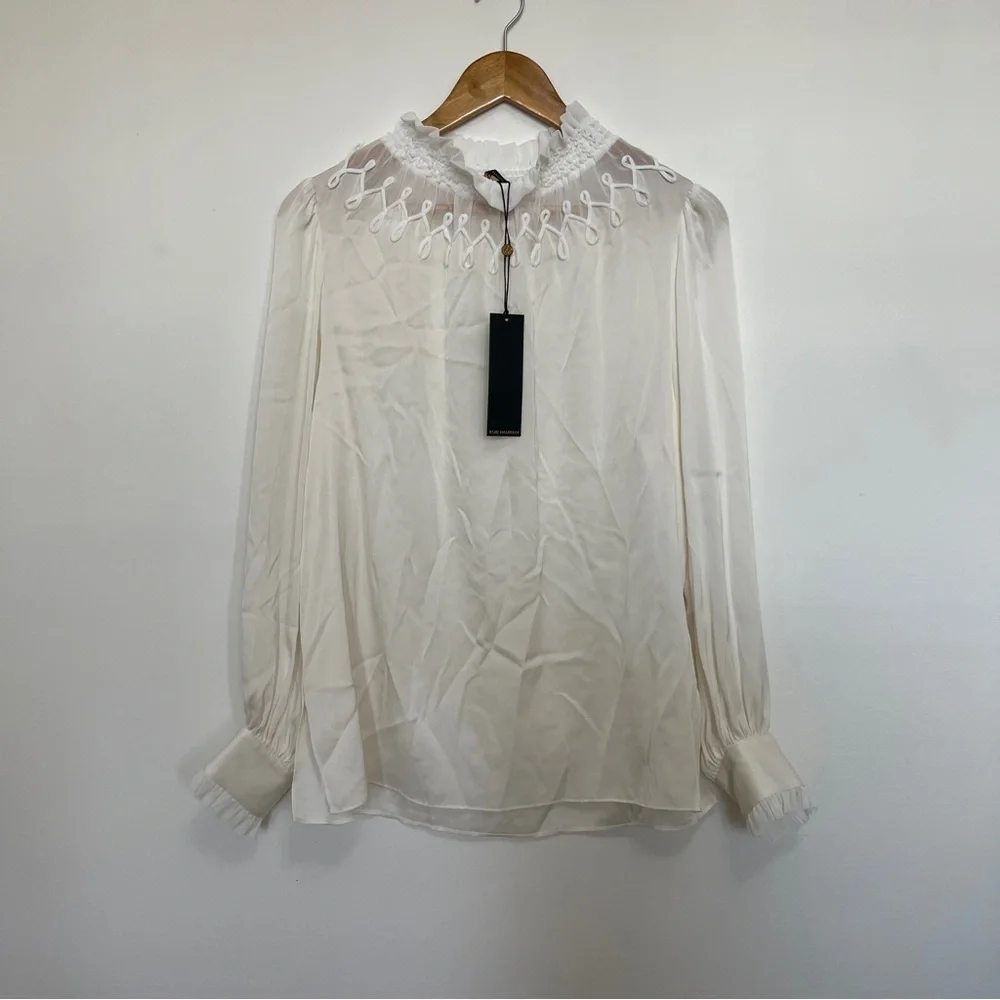 Kobi Halperin Womens Maria Ivory Silk Mock Neck Ruffled Blouse Size Large NWT
